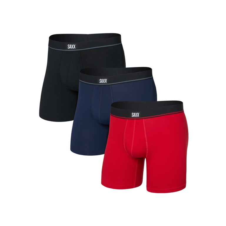 SAXX Boxershorts Essential Cotton Boxer Brief Fly rot/schwarz/dunkelblau Herren - 3 Stück